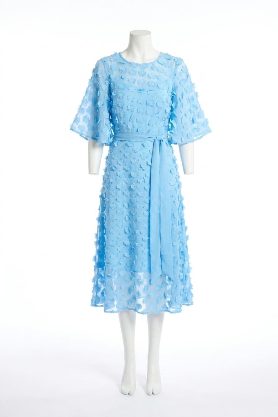 NEW JOSEPH RIBKOFF 3d florals belted chiffon dress in sky blue